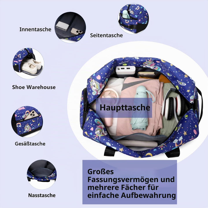 Lmwzh Kinder Sporttasche Reisetasche mitSchuhfach Turnbeutel wasserdichte Schwimmtasche (Einhorn), E