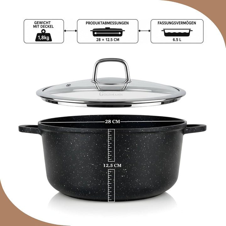 GOLDMANN Premium Gussaluminium Kochtopf 28 CM – 6.5L – Keramik-Marmor-Antihaft-Kasserolle mit Glasde
