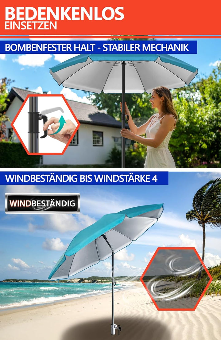 4smile Sonnenschirm Strand SET mit Eindrehbodenhülse, Ø 200 cm, Türkis | Strandschirm Windfest Stabi