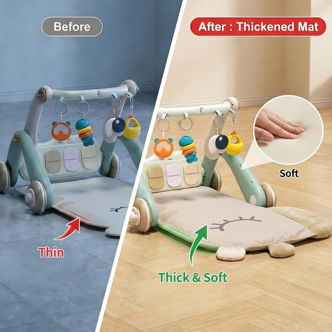 JOVOW 2-in-1 Babygym mit Lernwagen, Babyspielmatte mit 4 Sensorischen Lern-elementen, Doppelseitige