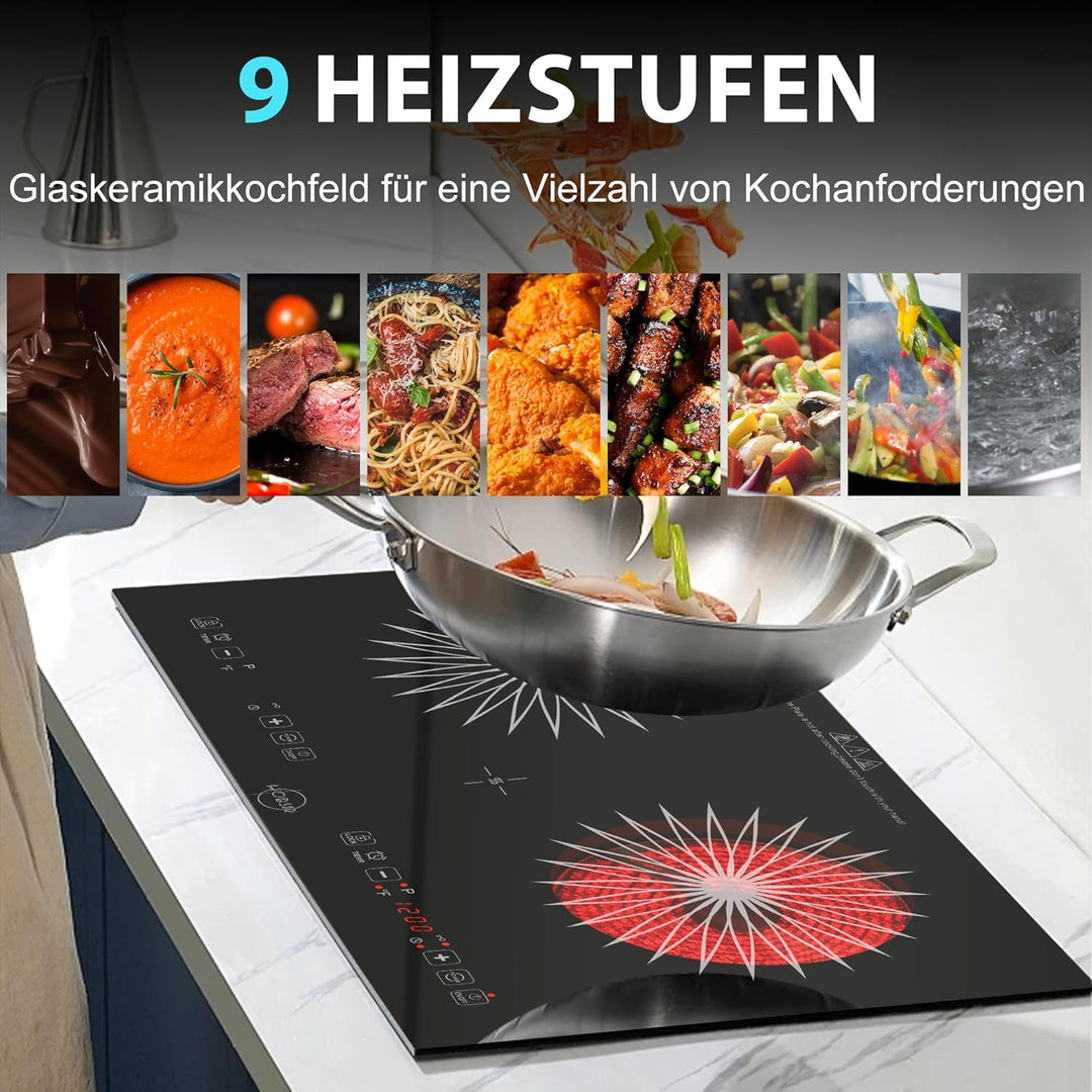 Hobsir hob Glaskeramikkochfeld 2 Platten mit Stecker | 3200W, 60cm Einbaudesign & Arbeitsplatten-Auf