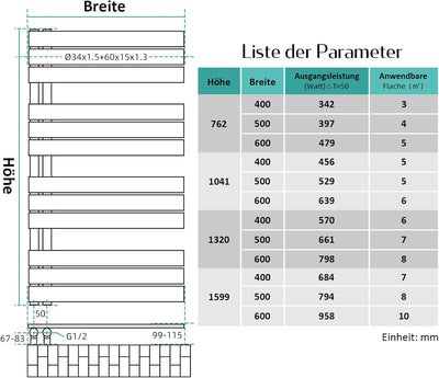 EMKE Badheizkörper Seitenanschluss 762x400 mm Weiss, Flach Handtuchwärmer Klein Handtuchtrockner Han