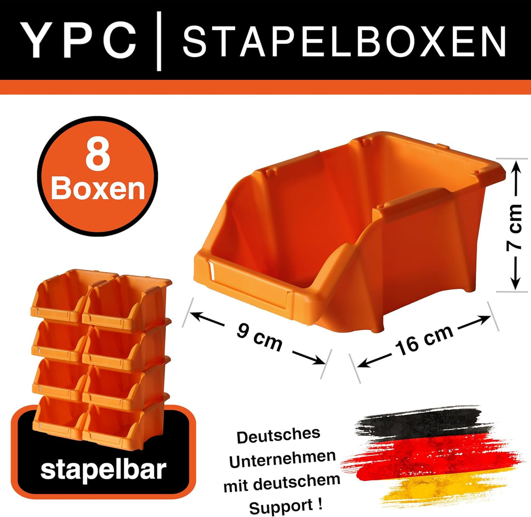 YPC Stapelboxen Set - Orange 8 Stück - Sichtlagerboxen 16x9x7cm mit Wandhalterung für Werkstatt & Ga