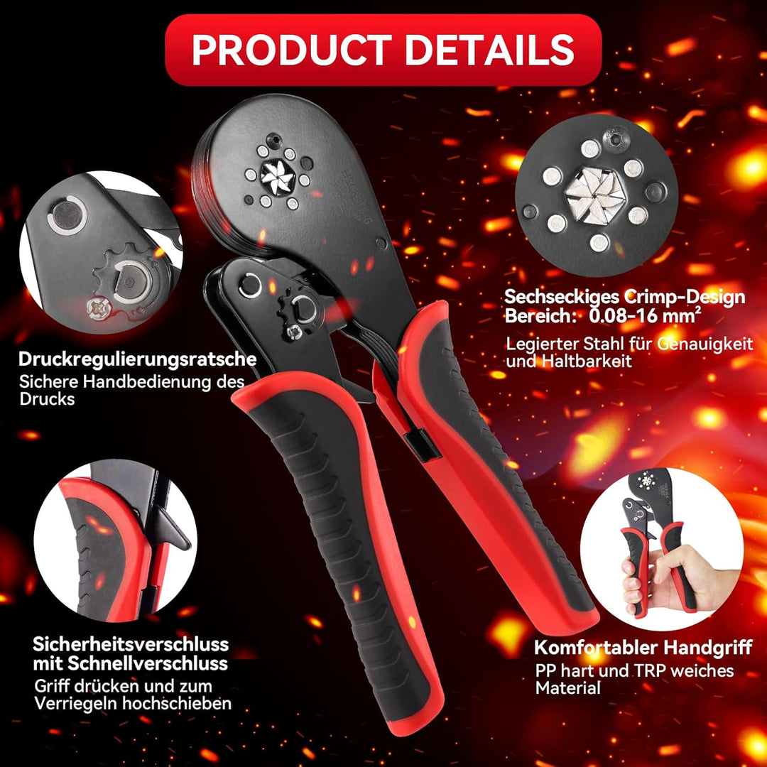 Donken Crimpzange 0.08-16mm² Set, Aderendhülsenzange Crimp Zange Sechskant Presszange mit 1200 Stück