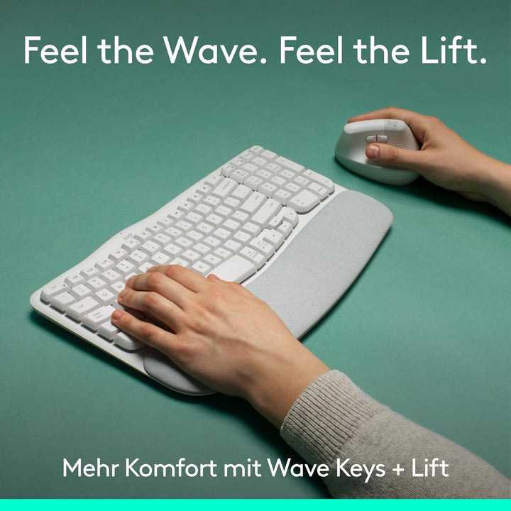 Logitech Wave Keys und Lift vertikale Maus – Ergonomisches Bundle – kabellose Tastatur mit gepolster