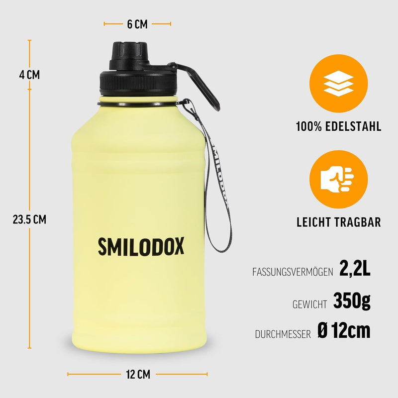 SMILODOX Edelstahl Trinkflasche 2,2 Liter - Extra Stark Sport & Fitness Wasserflasche mit Druckversc