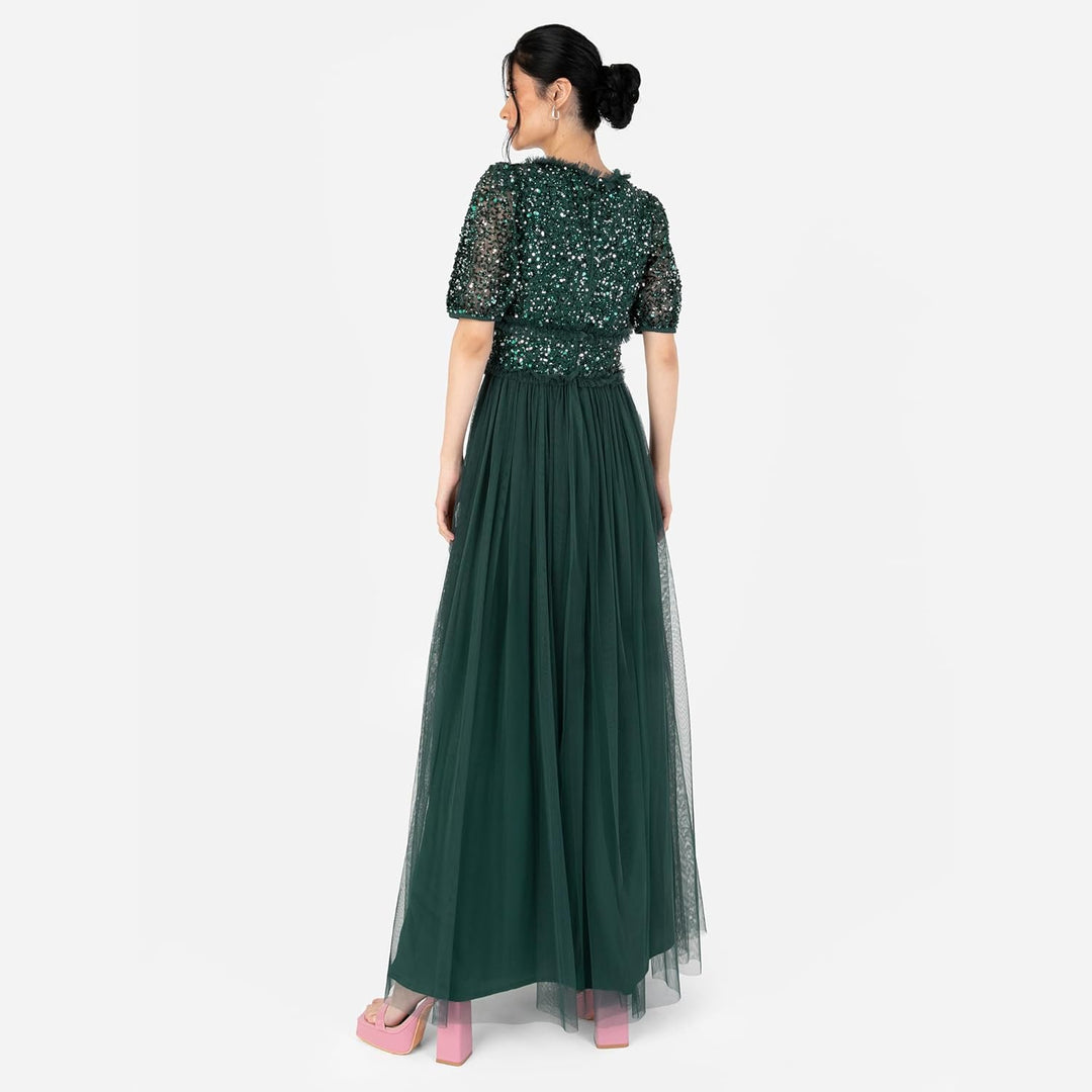 Maya Deluxe Damen Women's Maxi Dress Ladies V-Neck Short Sleeve Sequin Embellished Tulle Ruffle for