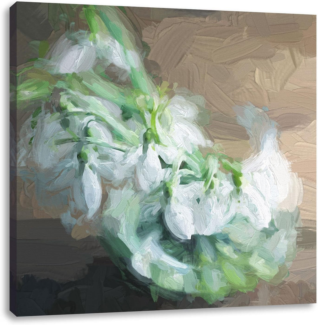 Pixxprint Schneeglöckchen in der Vase Pinsel Effekt, Format: 70x70 auf Leinwand, 70x70