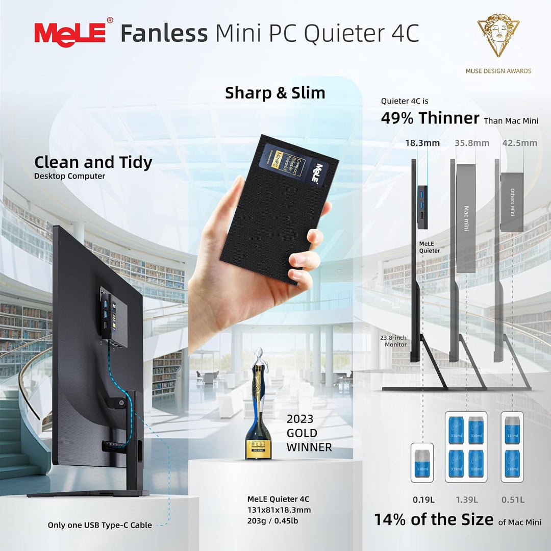 MeLE Mini PC Lüfterloser Quieter4C N150(4C/4T, bis zu 3.6Ghz) USB-C Display 8GB RAM 256GB Speicher D