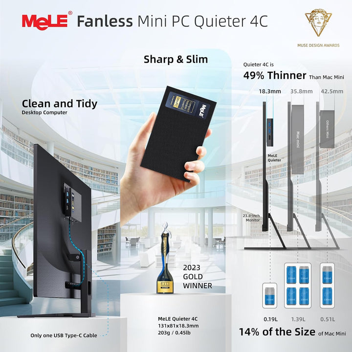 MeLE Mini PC Lüfterloser Quieter4C N150(4C/4T, bis zu 3.6Ghz) USB-C Display 8GB RAM 256GB Speicher D