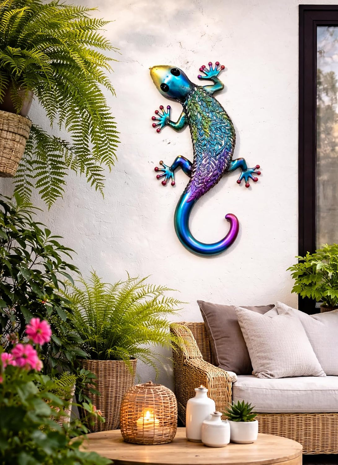 KAMACA XL Metall Gecko Wanddeko 62 cm – Grosse Gartenfigur Echse aus Metall, Garten Deko & Wanddeko