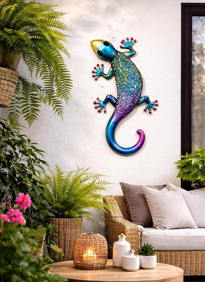 KAMACA XL Metall Gecko Wanddeko 62 cm – Grosse Gartenfigur Echse aus Metall, Garten Deko & Wanddeko