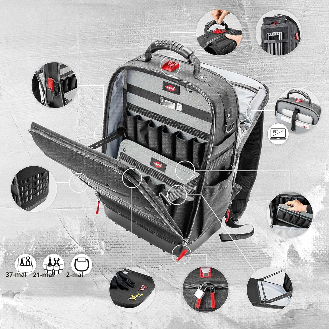 KNIPEX Modular X18 Werkzeugrucksack, leer, 58 Steckmöglichkeiten, 18 l Volumen, mit Laptop-Fach, sta