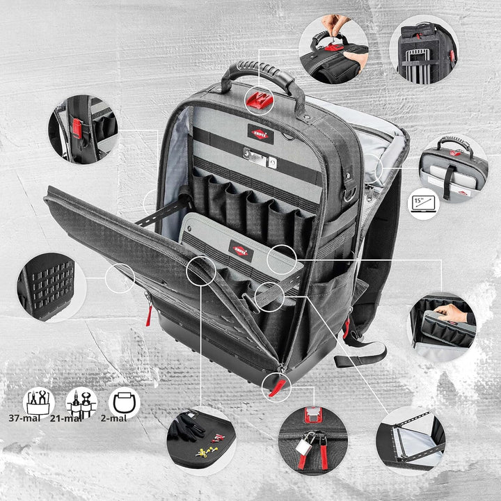 KNIPEX Modular X18 Werkzeugrucksack, leer, 58 Steckmöglichkeiten, 18 l Volumen, mit Laptop-Fach, sta