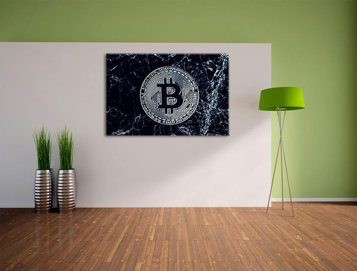 Pixxprint Bitcoin BTC auf Eis als Leinwandbild | Grösse: 100x70 cm | Wandbild | Kunstdruck | fertig