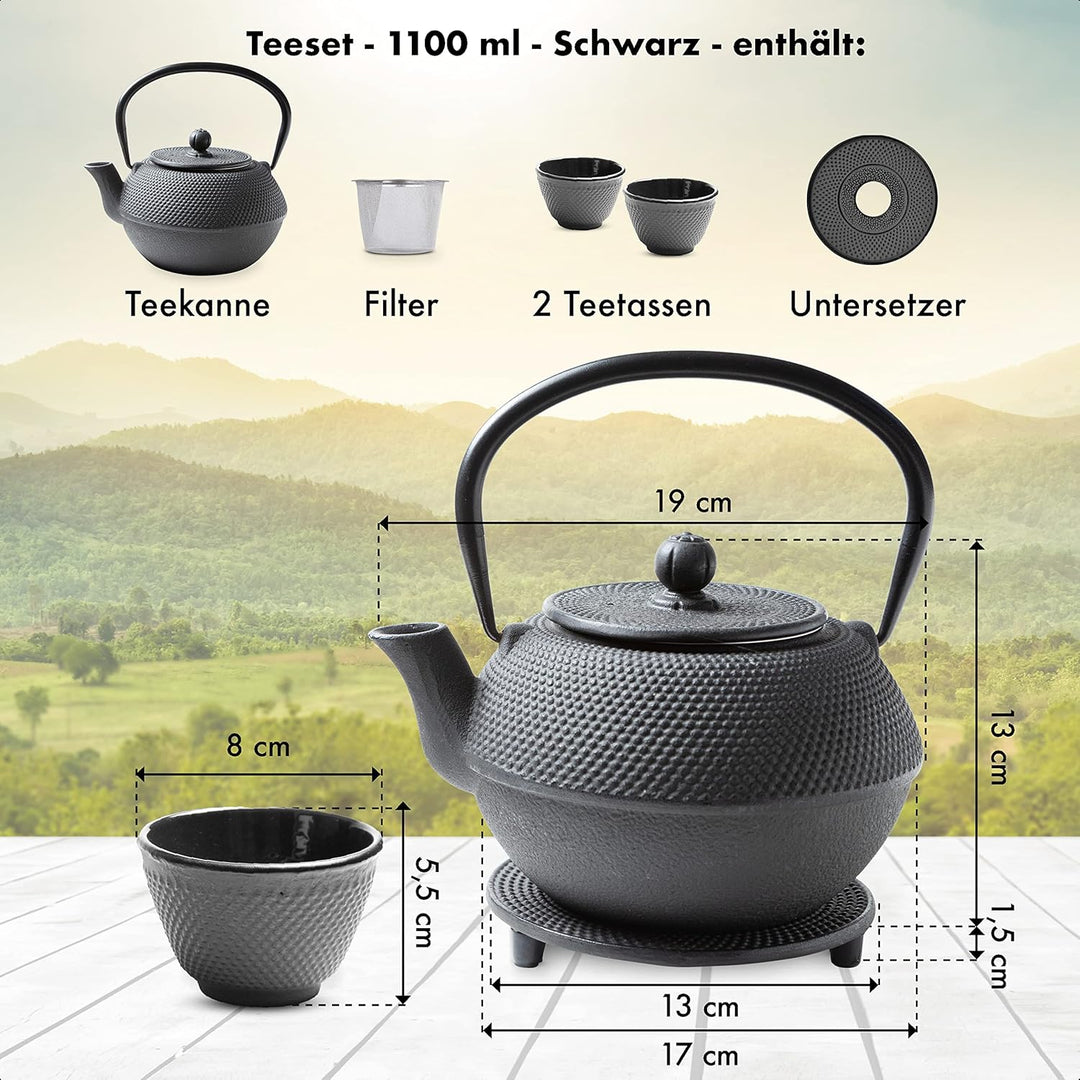 Tealøv TEEKANNE GUSSEISEN SET 1,1 LITER IN GESCHENKBOX | Komplettes Teeservice aus Gusseisen | Gusse