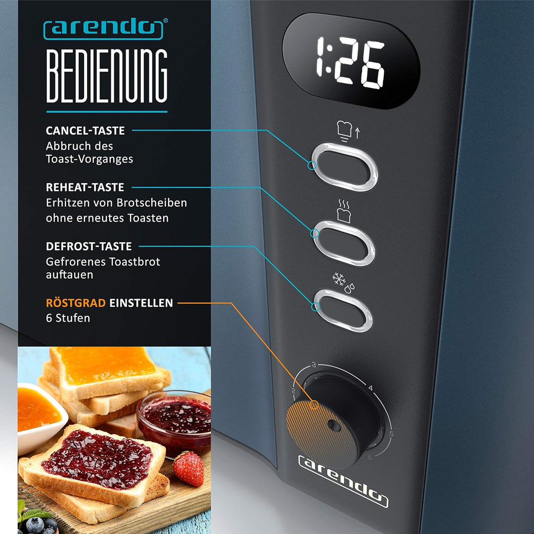 Arendo - Edelstahl Toaster Langschlitz 4 Scheiben - Defrost Funktion - wärmeisolierendes Gehäuse - m