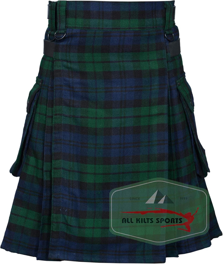 Utility-Kilt für Herren aus Acrylwolle mit Lederriemen Black Watch 32, Black Watch 32