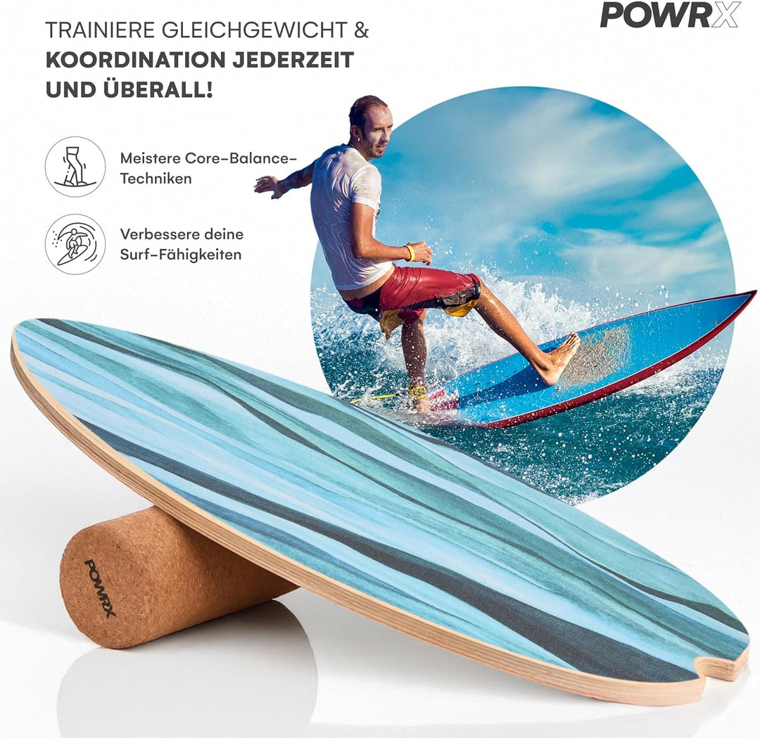 POWRX Surf Balance Board Holz/Balance Skateboard inkl. Rolle | Koordinationstraining für Surfbrett,