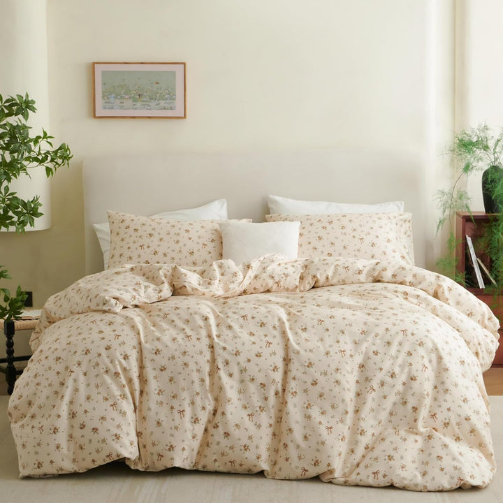 Tospass Baumwolle Bettwäsche Set 135x200cm Beige Khaki Grün Blumen Floral Schleife Mädchen Wendebett