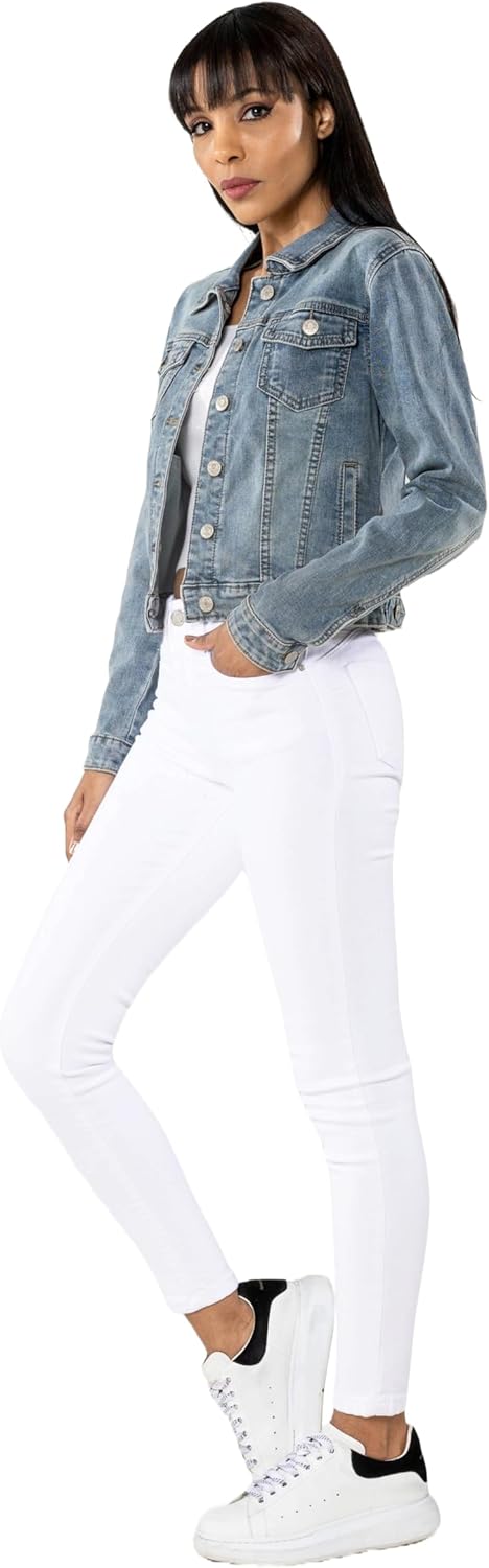 Nina Carter S338 Damen Jeansjacke Übergangsjacke Leichte Waschungseffekt Jacke Blau Denim Casual S V
