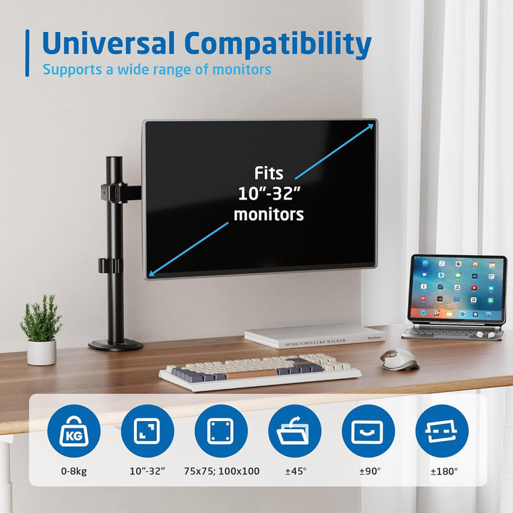 Ewent EW1510 Monitor Halterung 1 für 13-27 Zoll Flach Bildschirm, Einzelner Arm für MonitorPC, mit K