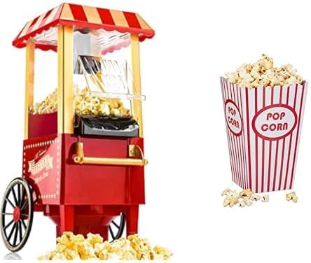 Gadgy Popcorn Maschine | Retro Popcorn Maker & Relaxdays, rot/weiss Popcorntüten, 48 Stück, gestreif