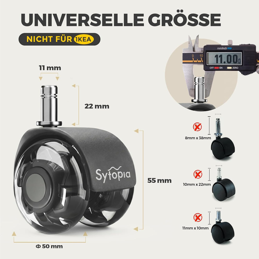 Sytopia Universal Bürostuhlrollen, 5er Set Bürostuhl Rollen 11x22MM, Perfekte Leise Gummirollen für