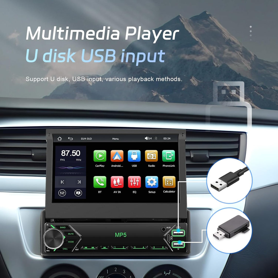 CAMECHO Upgrade Wireless 1 DIN Carplay Android Auto,7 Zoll Motorisiertem Bildschirm Autoradio mit Bl