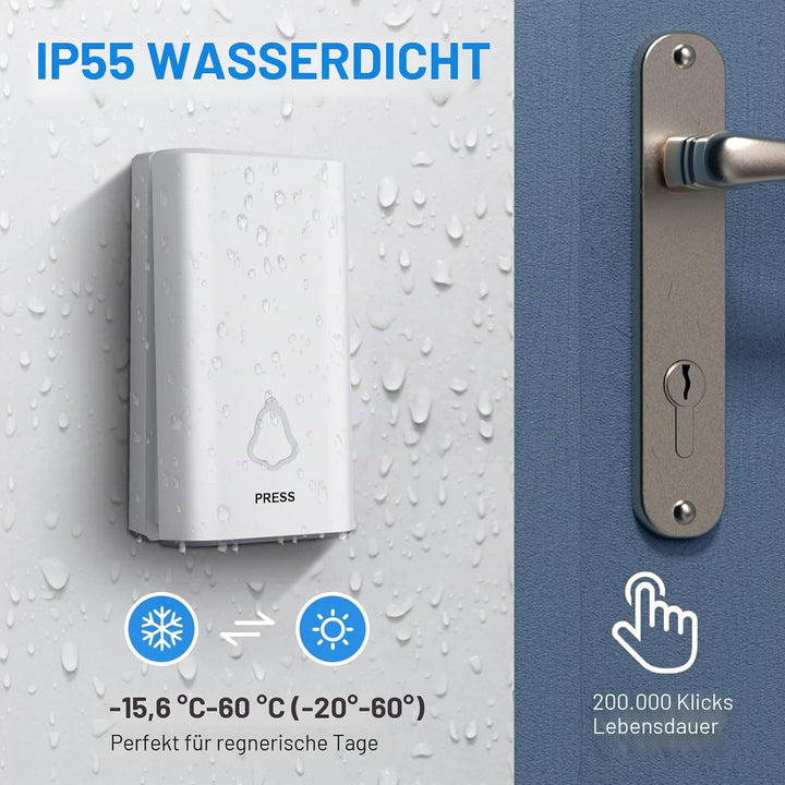 Funkklingel Selbstversorgend ohne Batterie, 350m Reichweite, IP55 Wasserdicht, Türklingel Funk mit 5