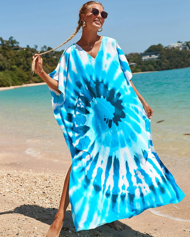 Bsubseach Lose Kaftan Kleider für Frauen Kurzarm Badeanzug Cover Up Casual Urlaub Outfits Blaue Wirb