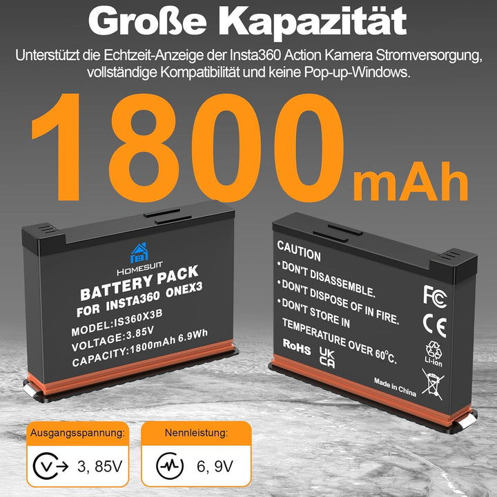 Homesuit Insta360 X3 Ersatz Akku 1800mAh und USB Ladegerät kompatibel mit Insta360 ONE X3 Kamera (2-