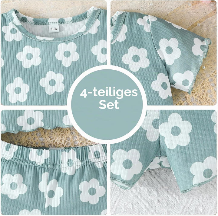 Kleinkind Baby Mädchen kleidung Set Rüschen Gerippte Kurzarm/Langarm T-Shirt Tops + Shorts Hosen 4Pc