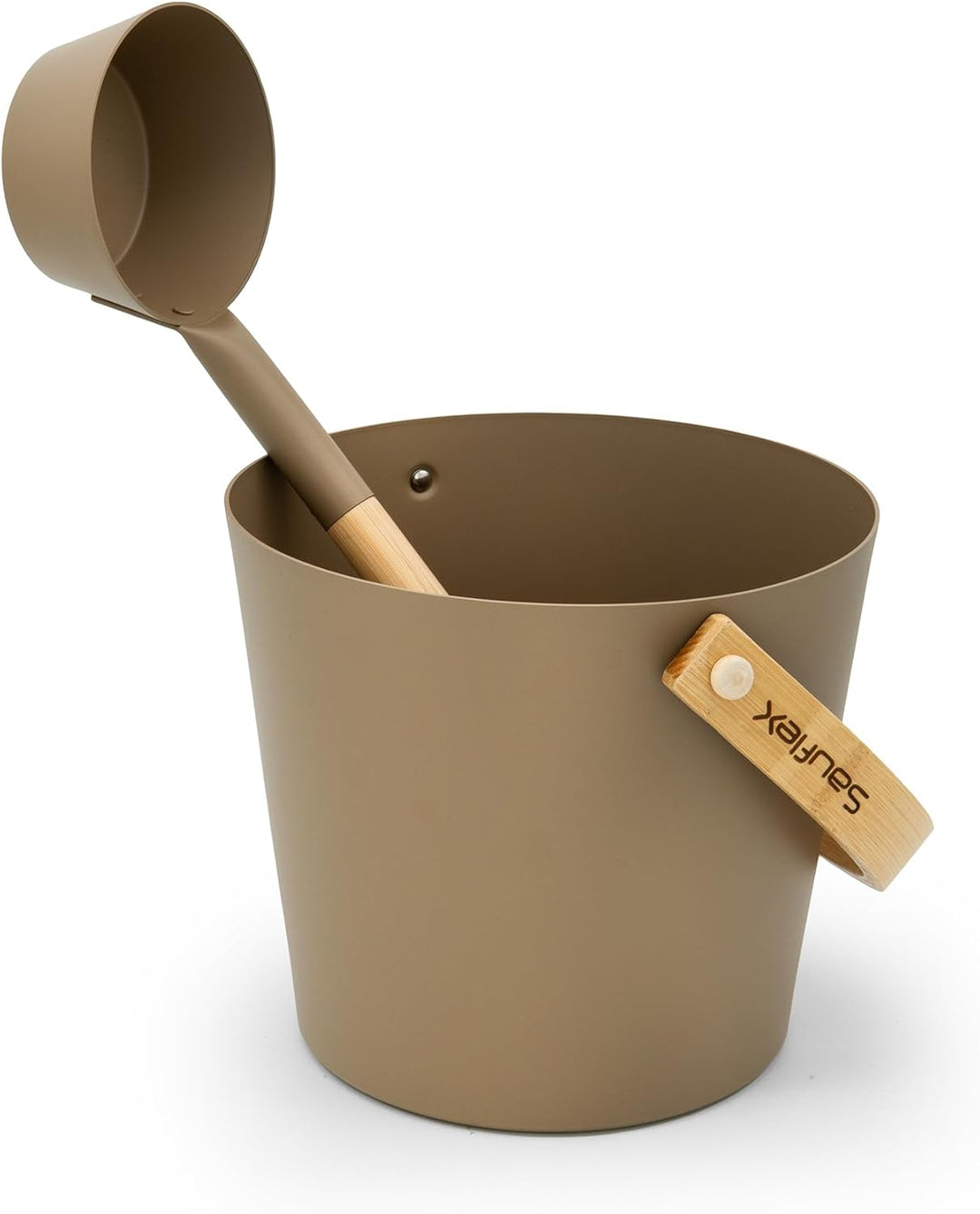 Sauna Zubehör Set: 4L Aluminium Eimer und 42cm Kelle, Bambusgriffe (Taupe), Taupe