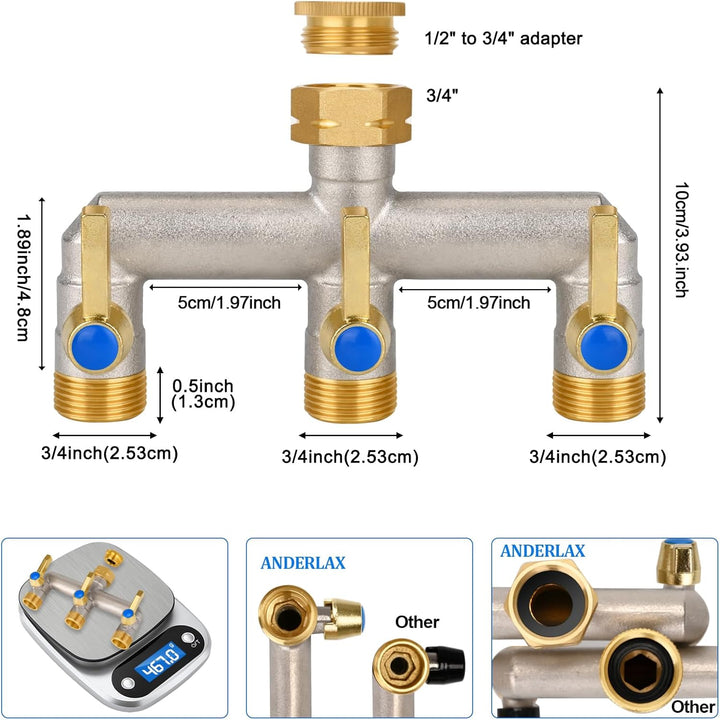 Wasserverteiler 3 Wege, Durchflussstarker Wasserverteiler 3Fach, Verlängerter Goldener Griff 3/4 Zol
