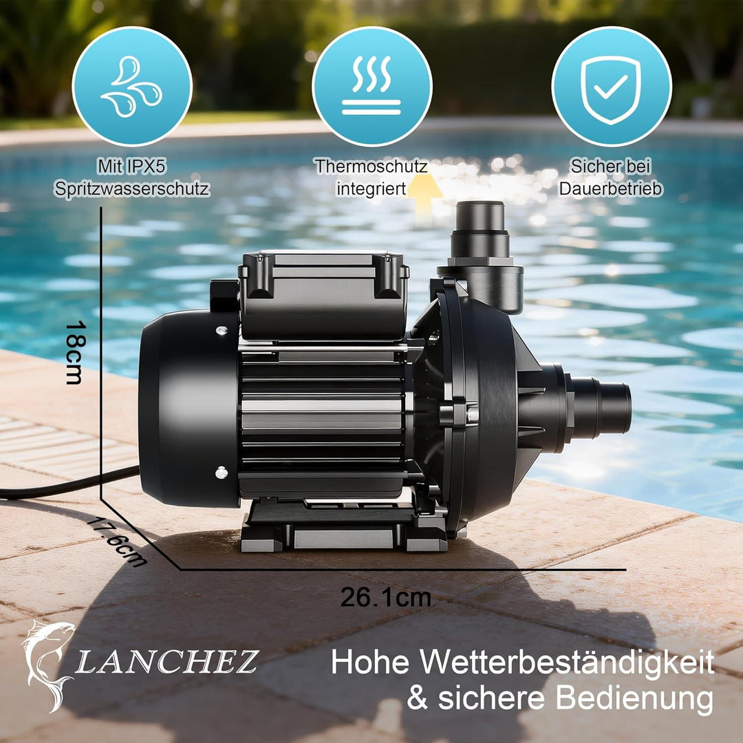 LANCHEZ Poolpumpe 250W, max. Fördermenge 9.000 l/h Pool filterpumpe, max. Förderhöhe 7.5 m, Schwimmb