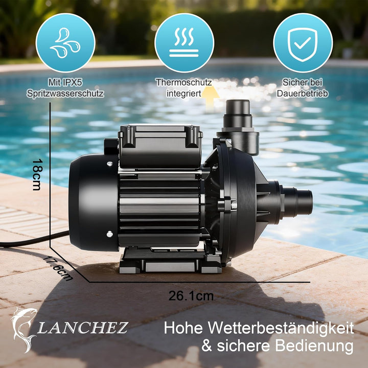 LANCHEZ Poolpumpe 250W, max. Fördermenge 9.000 l/h Pool filterpumpe, max. Förderhöhe 7.5 m, Schwimmb