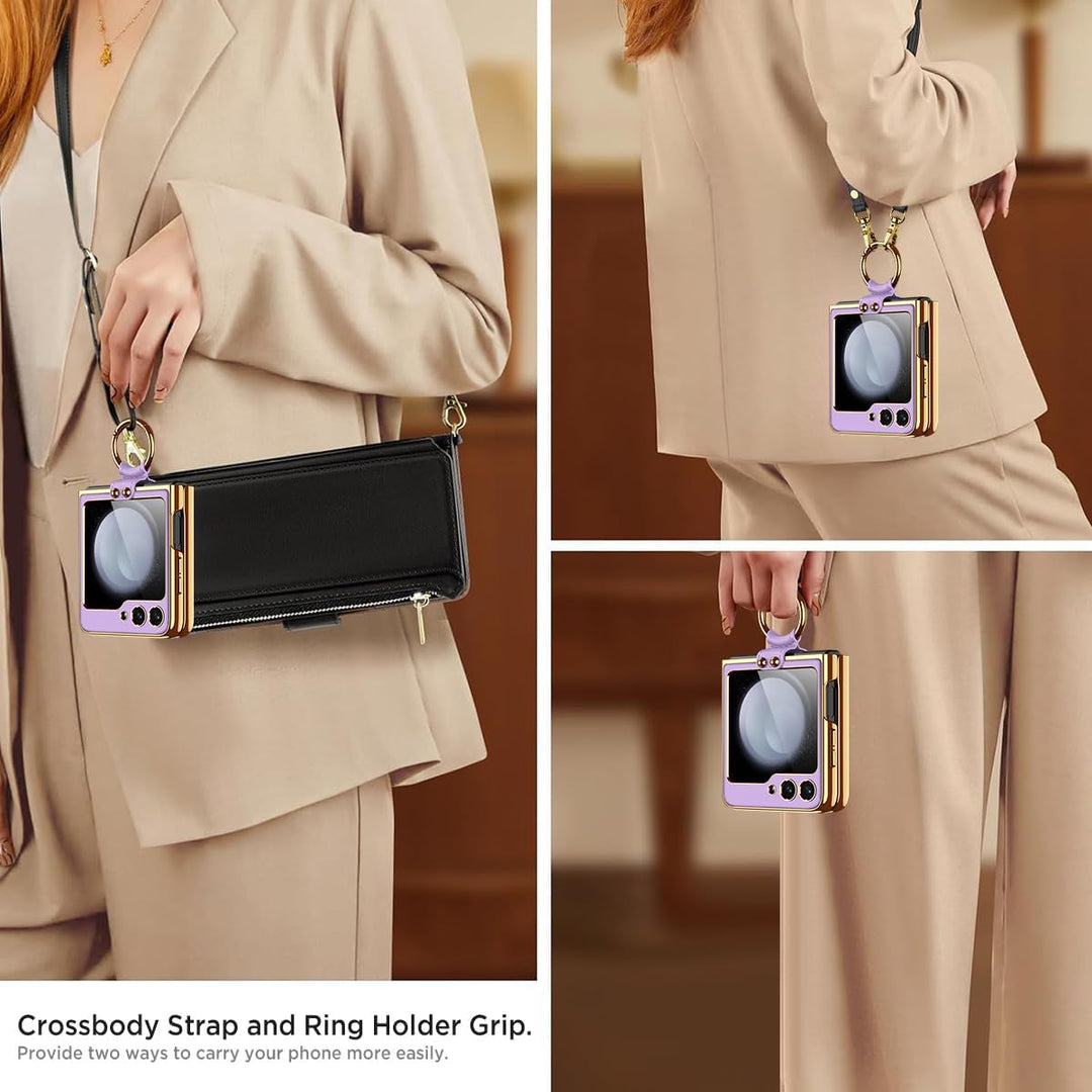 Miimall Lederhülle Kompatibel mit Samsung Galaxy Z Flip 6/Flip7 FE Hülle mit Band+Ring Ständer [HD D