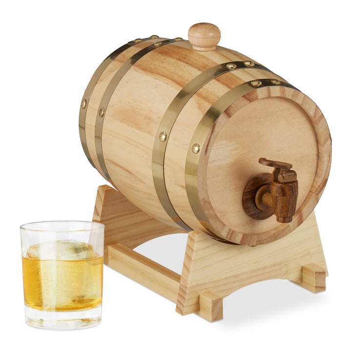 Relaxdays 10027852 Holzfass 1,25 l, mit Bock, Zapfhahn, für Whiskey, Wein, Spirituosen, Whiskyfass H