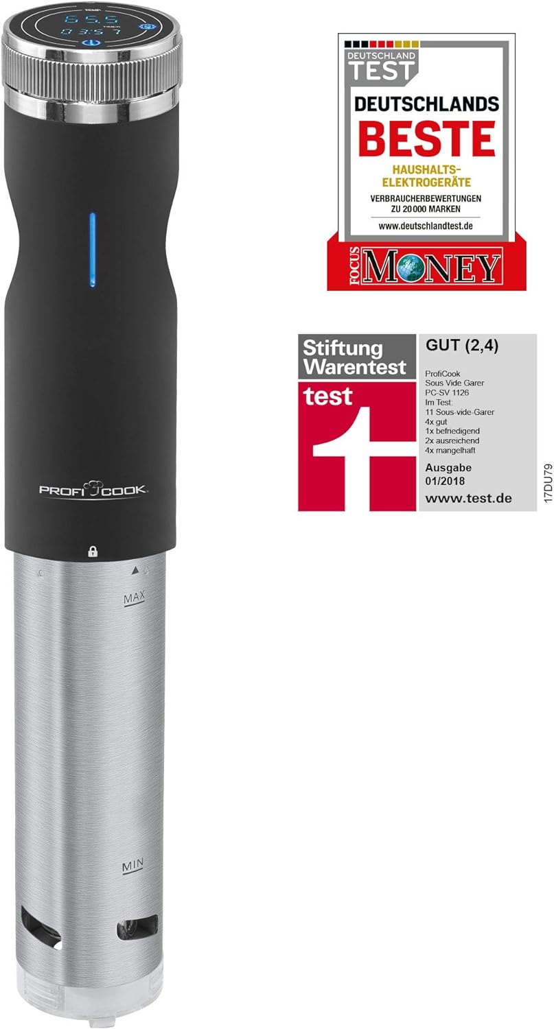 Profi Cook PC-SV 1126 Sous Vide Stick, Edelstahl, LED-Multifunktionsdisplay, Timer-Funktion, 800 W &