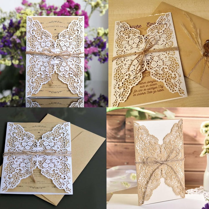 10 Stück Hochzeitseinladungen Laser Geschnittene Einladungskarten mit Bedruckbaren Papier und Umschl
