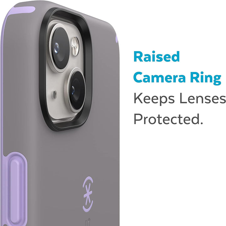 Speck Produkte CandyShell Pro iPhone 14 Hülle, kompatibel mit MagSafe, Cloudy Grey/Spring Purple Wol