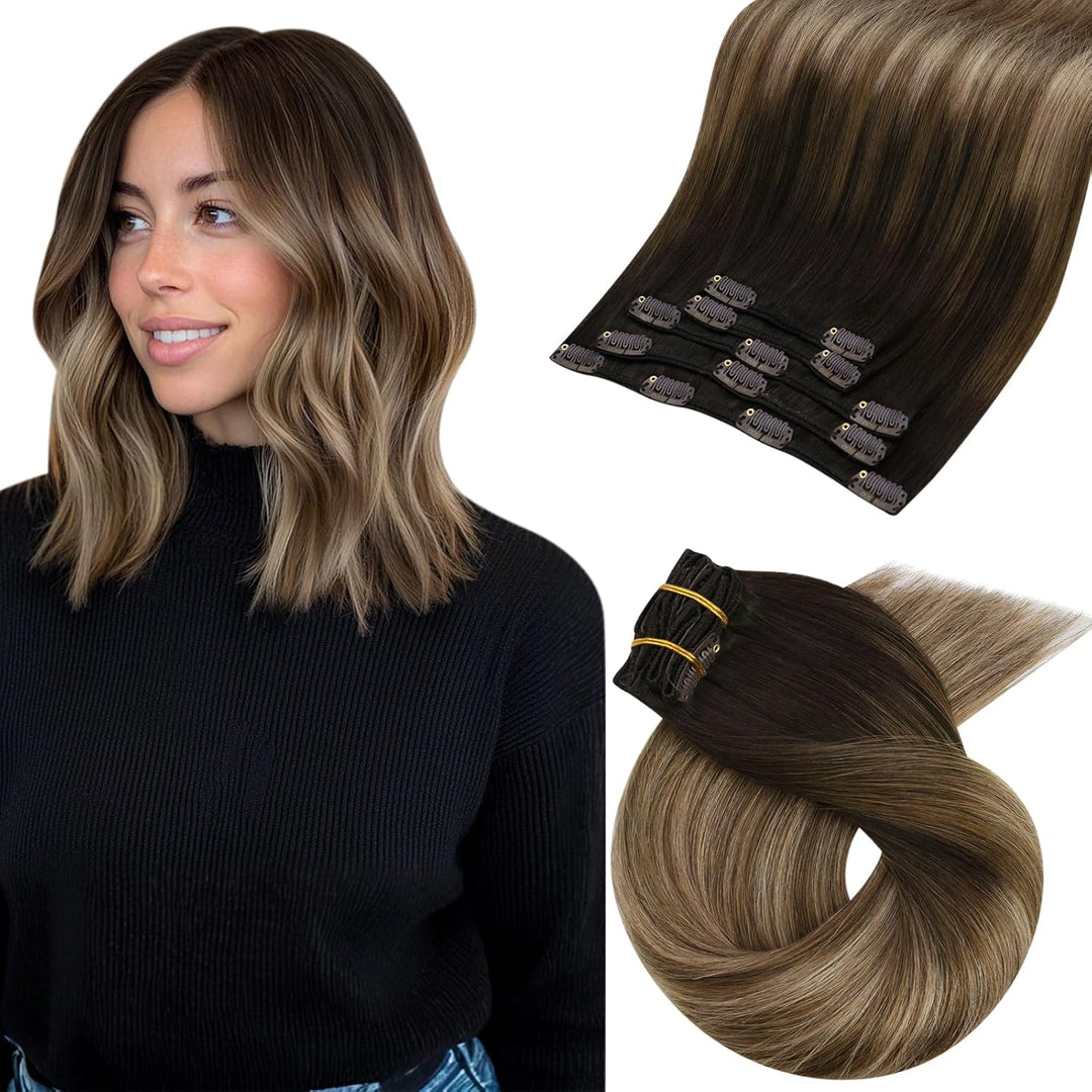 Moresoo Extensions Echthaar Clip Balayage Remy Clip in Extenson Echthaar Ombre Doppelt Tressen Haarv