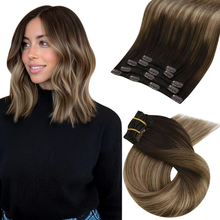 Moresoo Extensions Echthaar Clip Balayage Remy Clip in Extenson Echthaar Ombre Doppelt Tressen Haarv