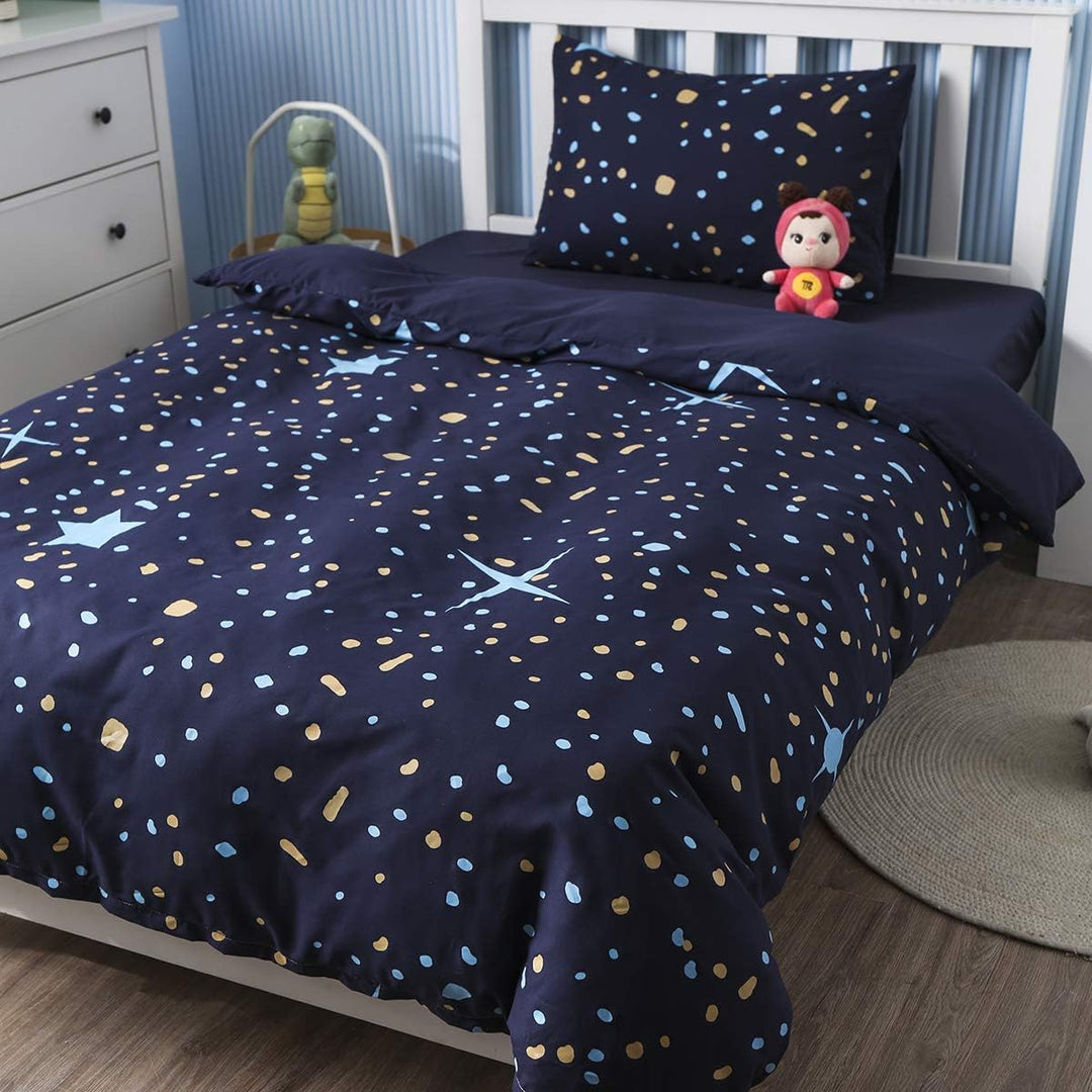 Kinder-Bettbezug, leuchtet im Dunkeln, blaue Cartoon-Sterne, Universum-Bettwäsche-Set für Teenager,