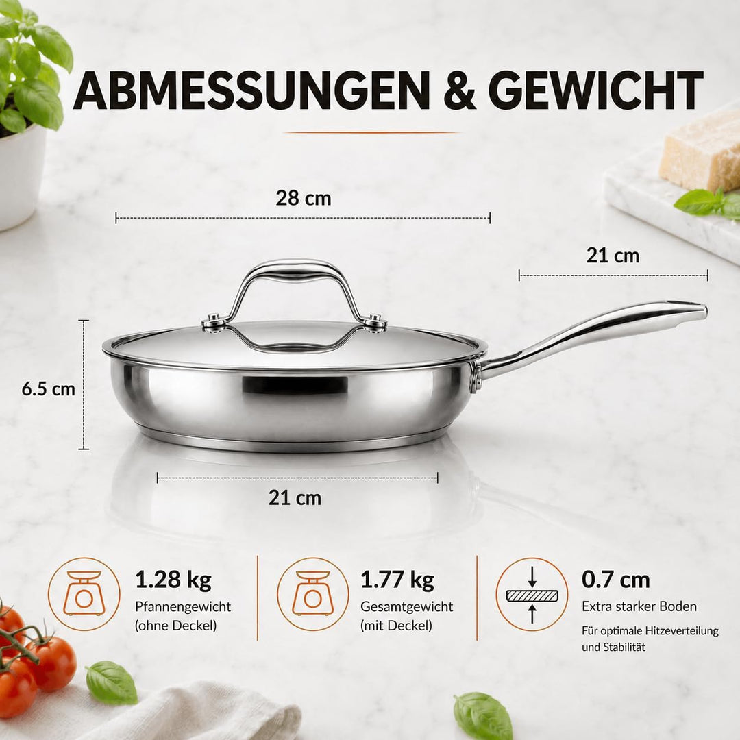 Edelstahlpfanne Unbeschichtet 28 cm mit Edelstahldeckel | 7 mm 3‑lagiger Boden, für Alle Herdarten G