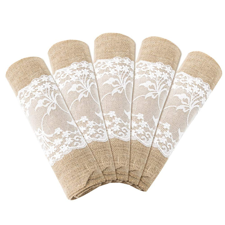 5 Stücke Tischläufer mit Spitze, Juteband Tischband Natur Hochzeit Deko Vintage Tischdeko Hochzeitsd