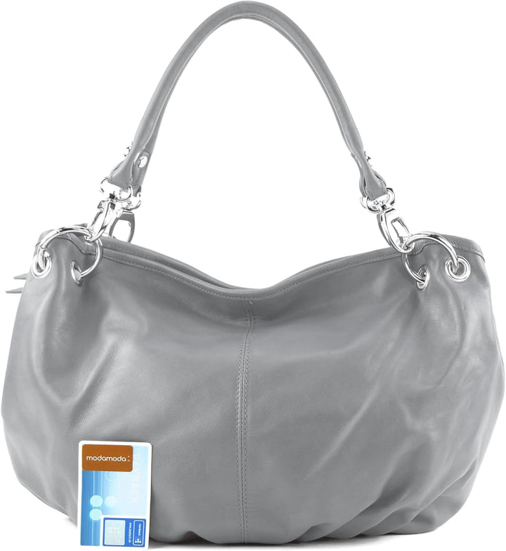 modamoda de - IT40 - ital. Damen Schultertasche aus Leder Grau, Grau