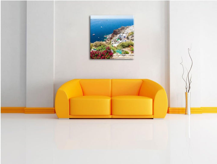 Griechische Küste, Format: 70x70 auf Leinwand, XXL riesige Bilder fertig gerahmt mit Keilrahmen, Kun