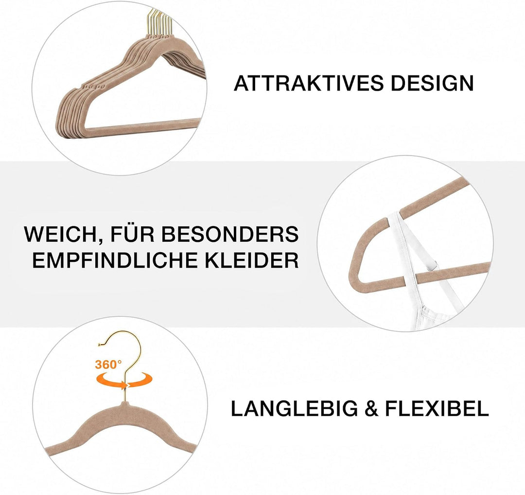 25 Stück hochwertige Samt Kleiderbügel in der Farbe Mushroom Hellbraun mit Gold Look Haken/Anti-Ruts